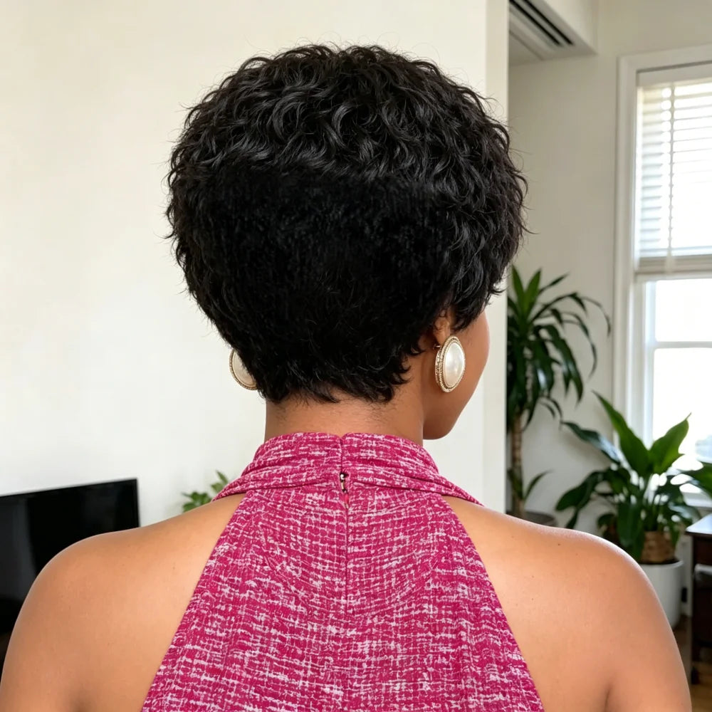Human Hair Short kinky straight Pixie Cut Wigs for Women, full machine made Natural Black Short Bob Wig with Bangs