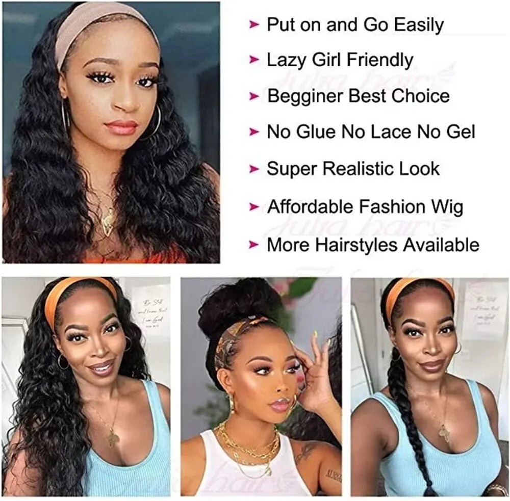 Human Hair Headband Wig Kinky Curly Full Machine Made Brazilian Remy Human Hair Wigs For Women 180% Density  Natural Color