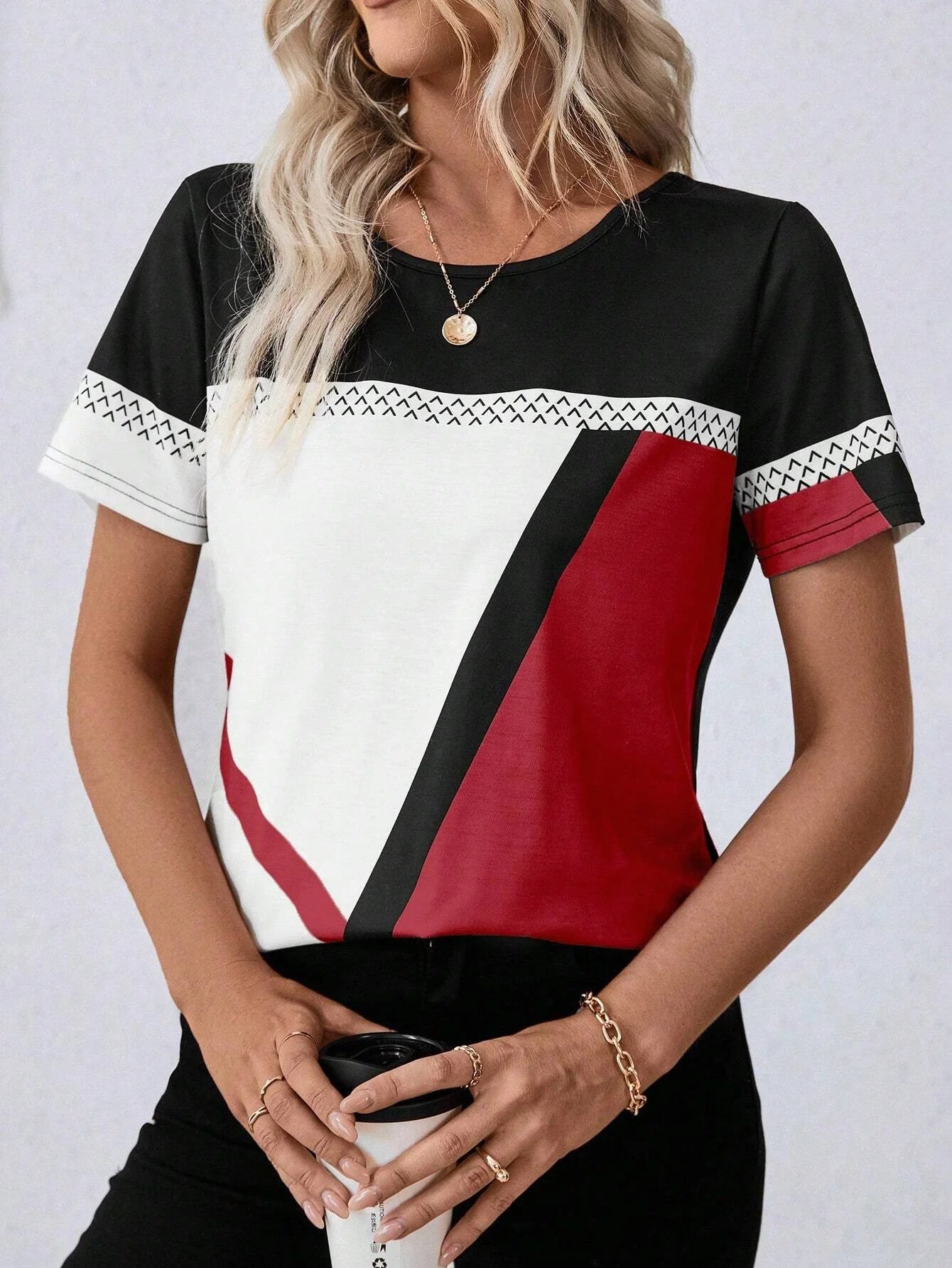 Women's T Shirt Graphic Casual Short Sleeve Round Neck Regular Tops Daily Patchwork Print Red Blue Khaki Summer