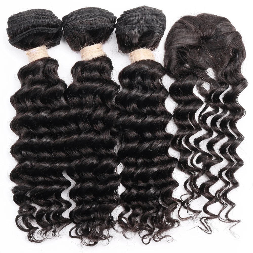 Deep Wave Body Wave Straight Human Hair Bundles With Closure Indian Hair Weave 3 Bundles With Machine Made Closure