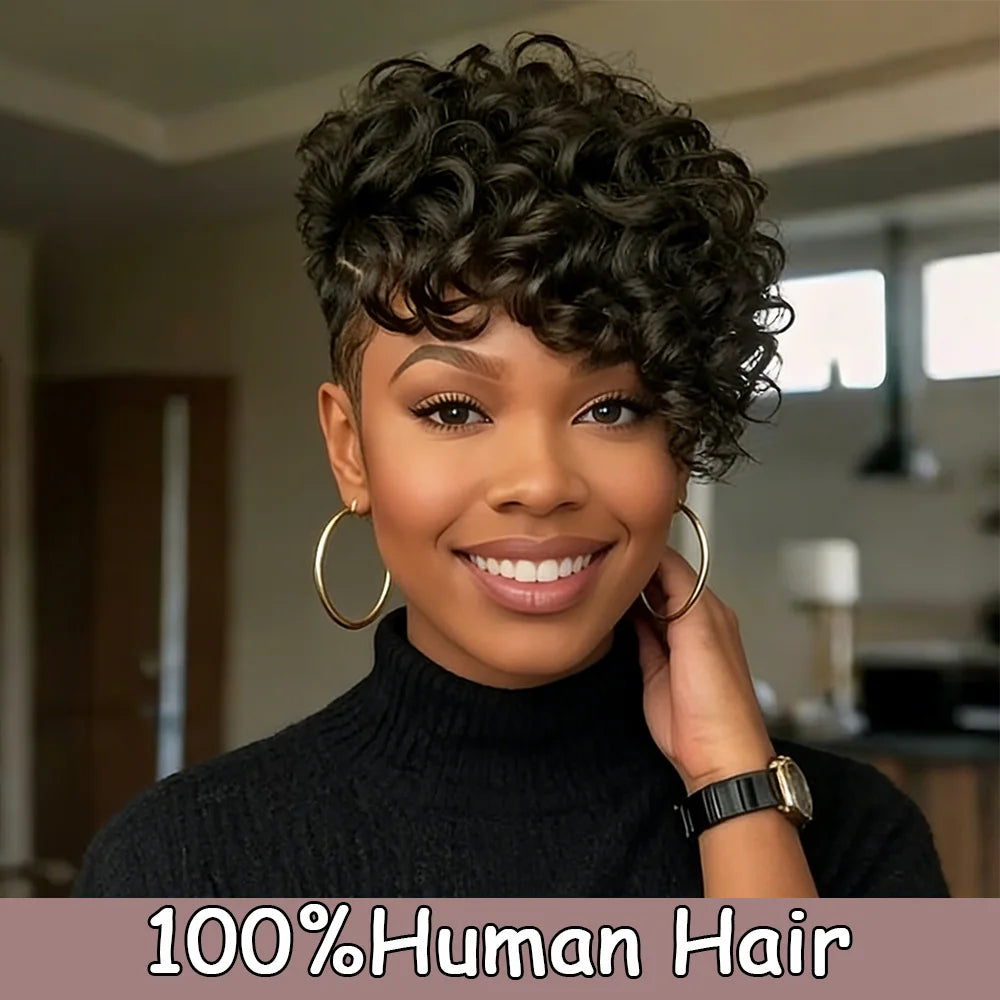 Short Curly Natural Color Pixie Cut Wig Human Hair Layered Short Loose Curly With Bangs Brazilian Hair Full Machine Made Wig