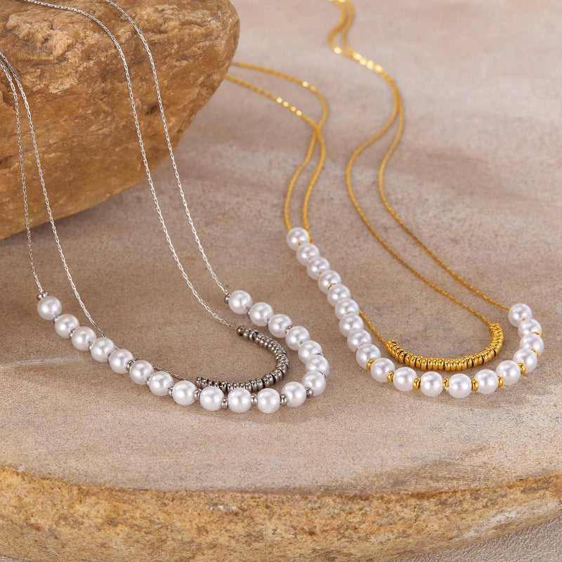 Pearl Necklace Stainless Steel Double-layer Layered Collarbone Chain Women Necklaces Party Fashion Jewelry