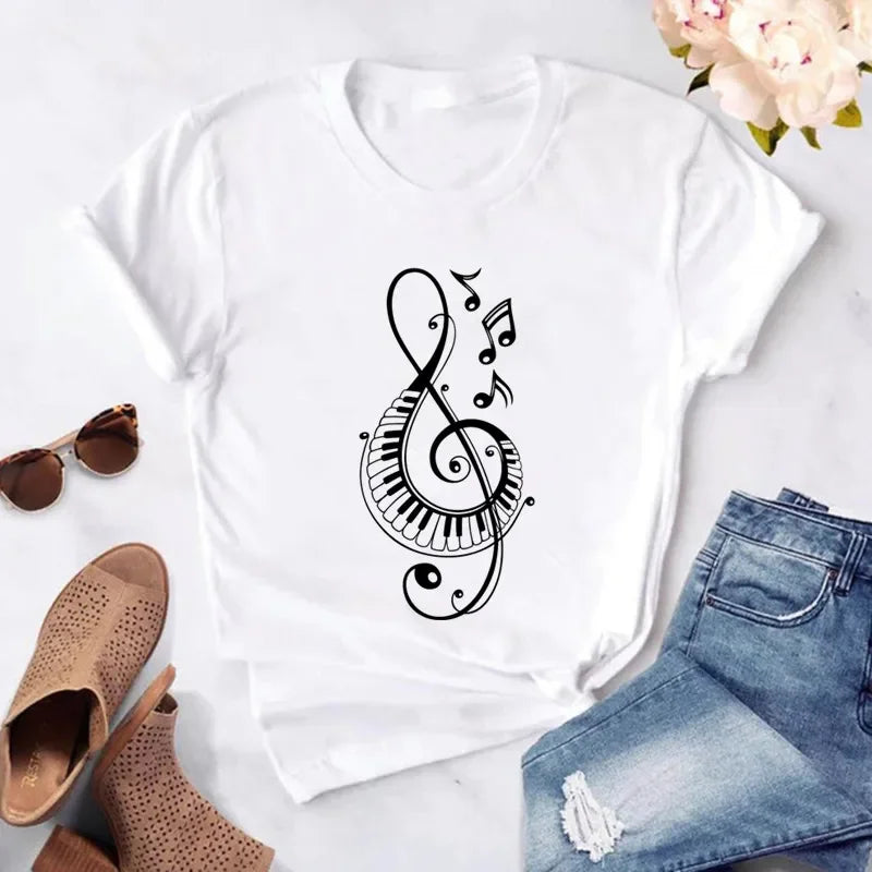 New Women T Shirt Music Note Printed Tshirt Female Summer Casual Short Sleeve O-neck T-shirt Tops Tops for Women Tops