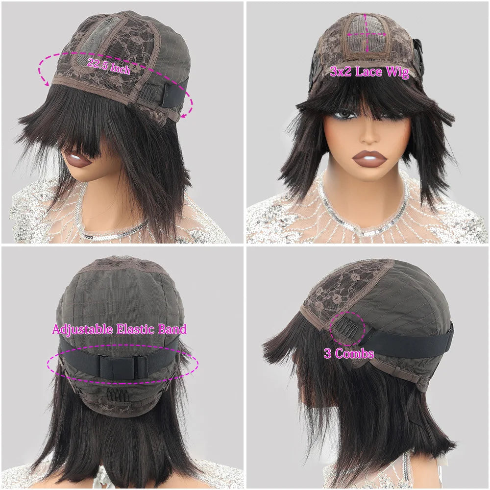 10 16Inch Short Bone Straight Human Hair Wigs With Bangs 3x2 Middle Part Lace Wig Short Bob Glueless Wig 200% Density For Women