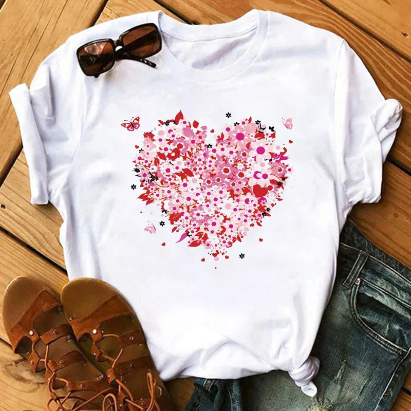 Love Flower Half Sleeve Cartoon White Letter T-shirt Women Wholesale Round Neck T-shirt Women Oversized T Shirt