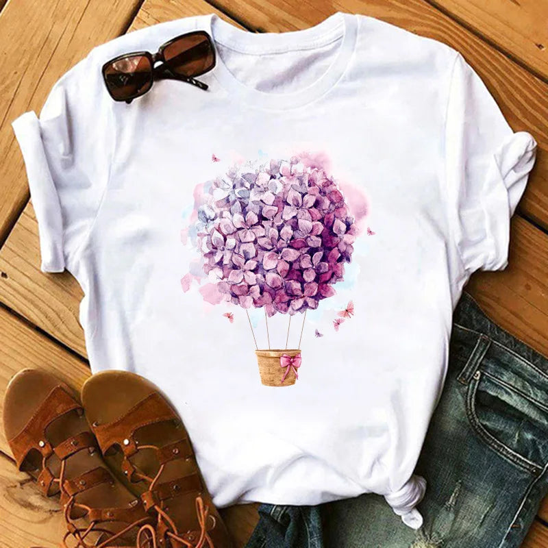 Love Flower Half Sleeve Cartoon White Letter T-shirt Women Wholesale Round Neck T-shirt Women Oversized T Shirt