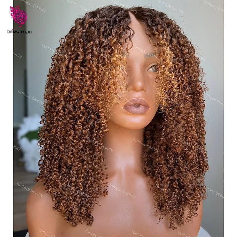360 Brown Colored Kinky Curly Human Hair Wig Bleached Knots 1x4 middle V Part Open Glueless Easy Wear Curly Wigs For Black Women