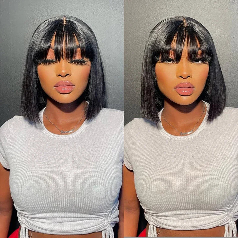 10 16Inch Short Bone Straight Human Hair Wigs With Bangs 3x2 Middle Part Lace Wig Short Bob Glueless Wig 200% Density For Women