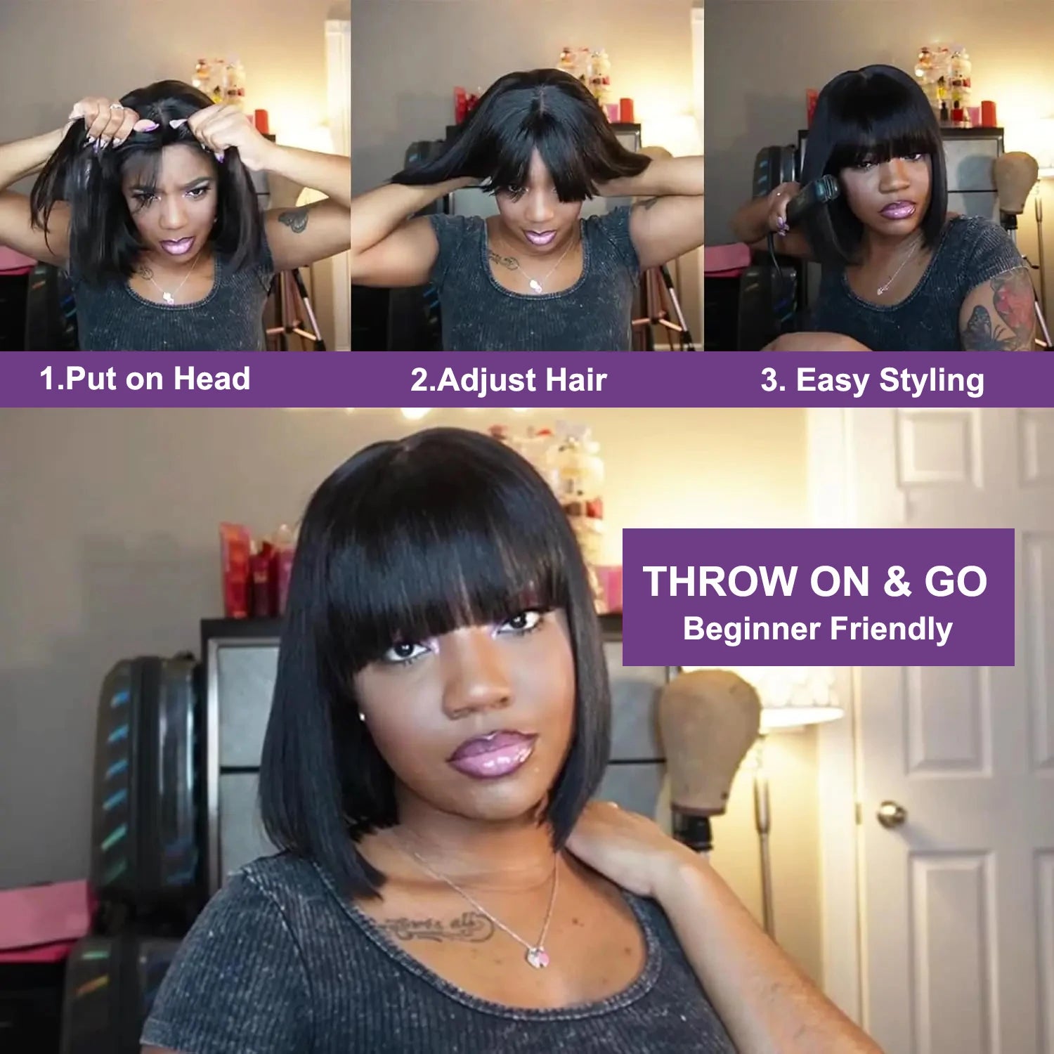 10 16Inch Short Bone Straight Human Hair Wigs With Bangs 3x2 Middle Part Lace Wig Short Bob Glueless Wig 200% Density For Women