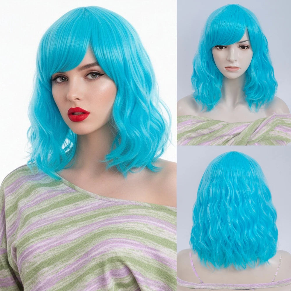 Women Short Curly Wig with Bangs Natural Looking Heat Resistant Synthetic Hair Blue Cosplay Wig