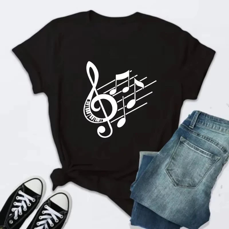 New Women T Shirt Music Note Printed Tshirt Female Summer Casual Short Sleeve O-neck T-shirt Tops Tops for Women Tops