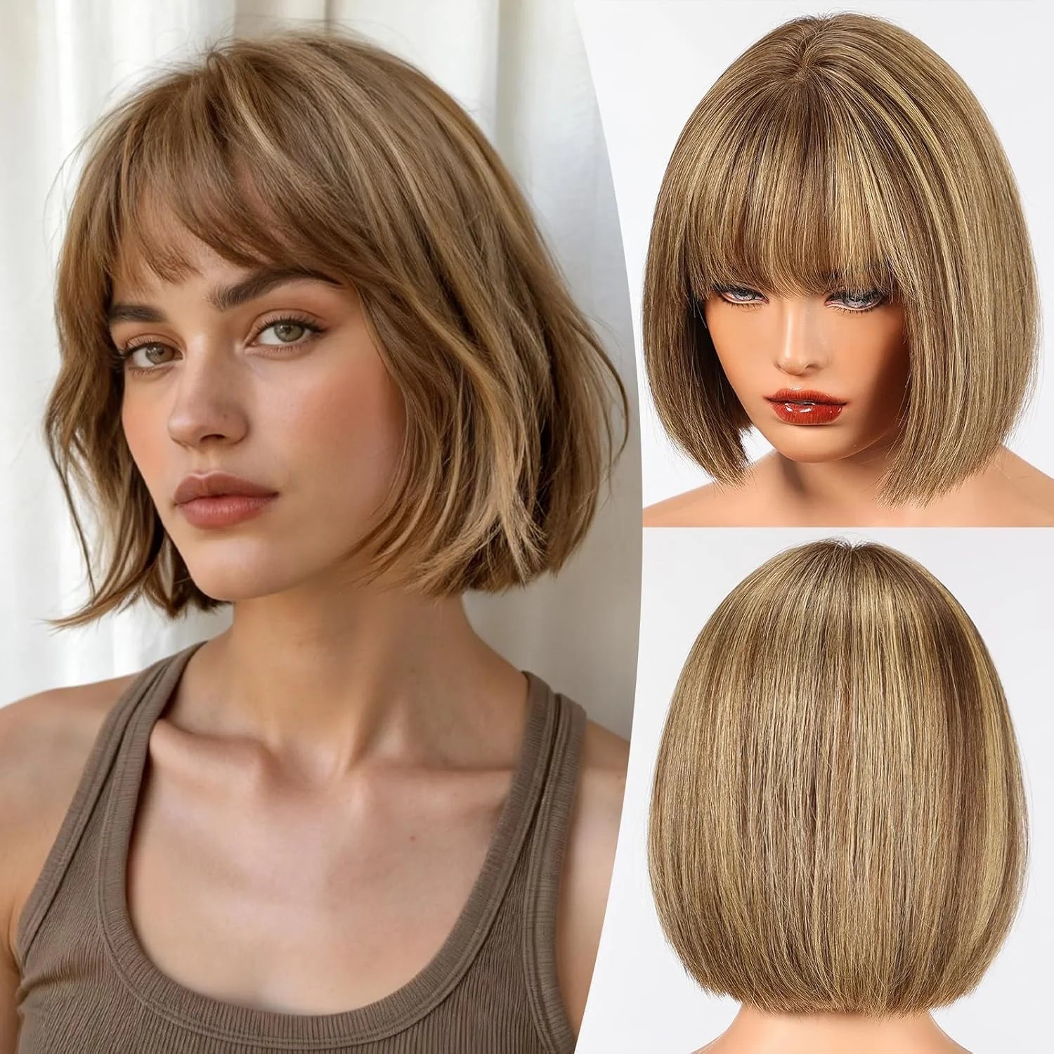 Real Human Hair Wigs for Women Short Blonde Bob Wig 100% Natural Human Hair with Bangs for Daily Party Wear Soft Hair