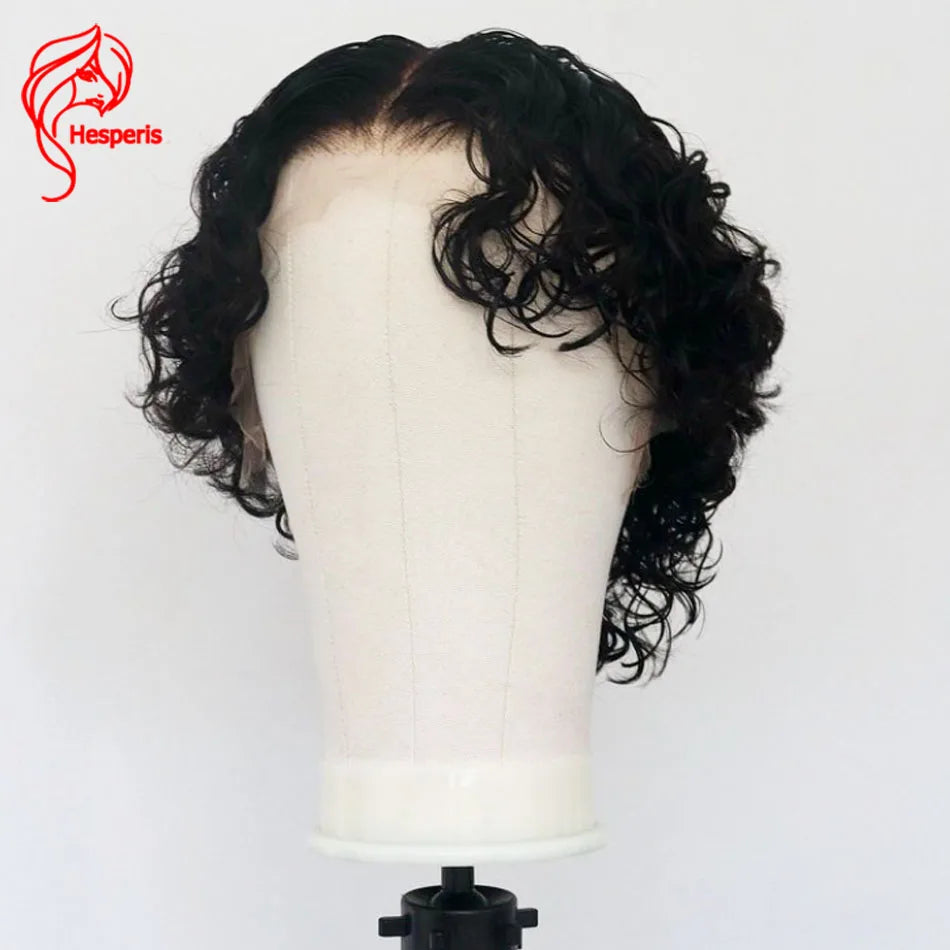 Hesperis Short Curly Wigs Natural Color Lace Front Human Hair Wig Pixie Cut Men's Wig With Bangs Curly Mullet Wig Middle Part