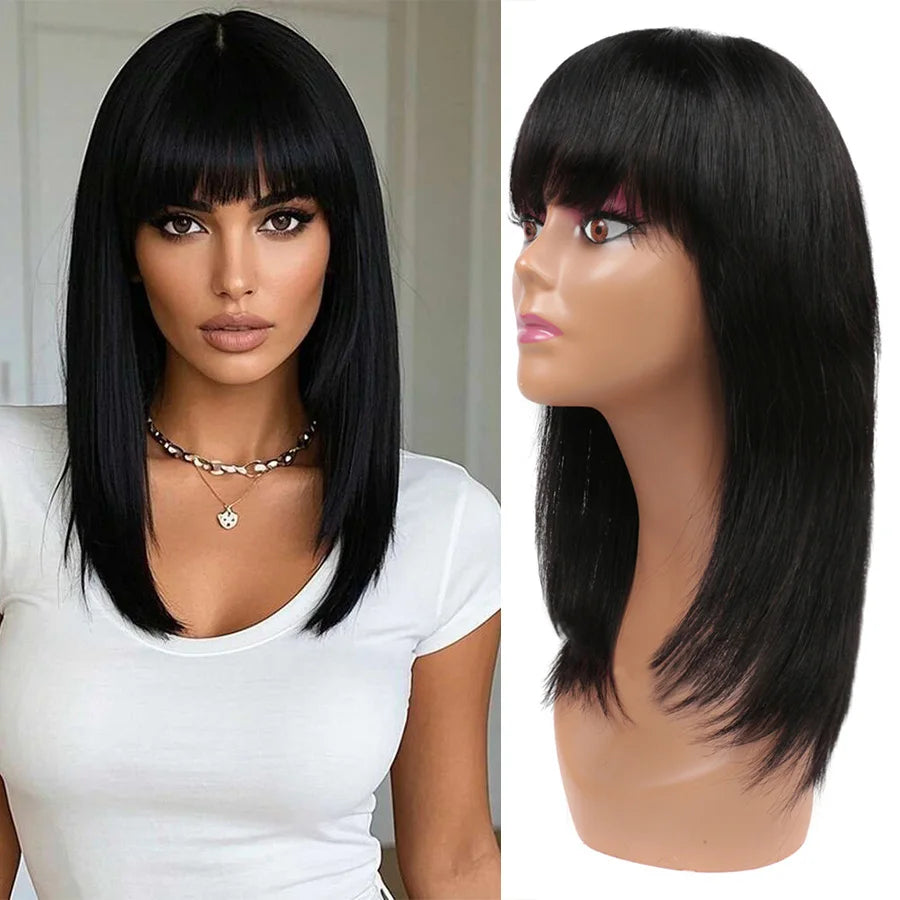 Human Hair Wigs with Bangs BOBO Wig Straight Short Bob Wig Human Hair Natural Color 14inch 150% Density Bob Wig