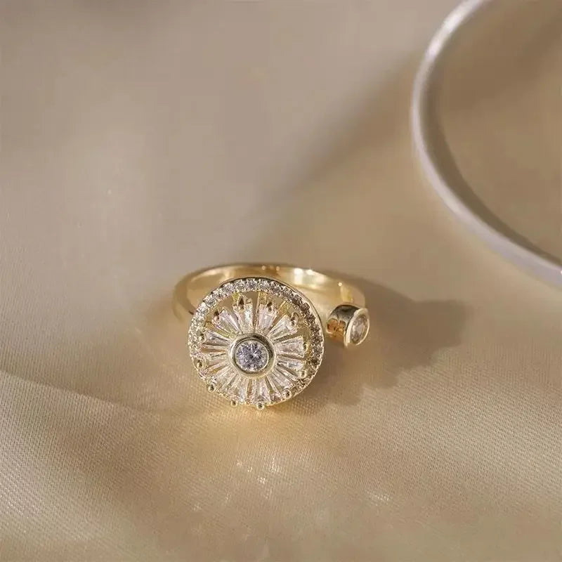 2025 New Fidget Spinner Rings for Women Cubic Zirconia Sunflower Anxiety Rings Rotatable Rings Adjustable Calming Worry Rings