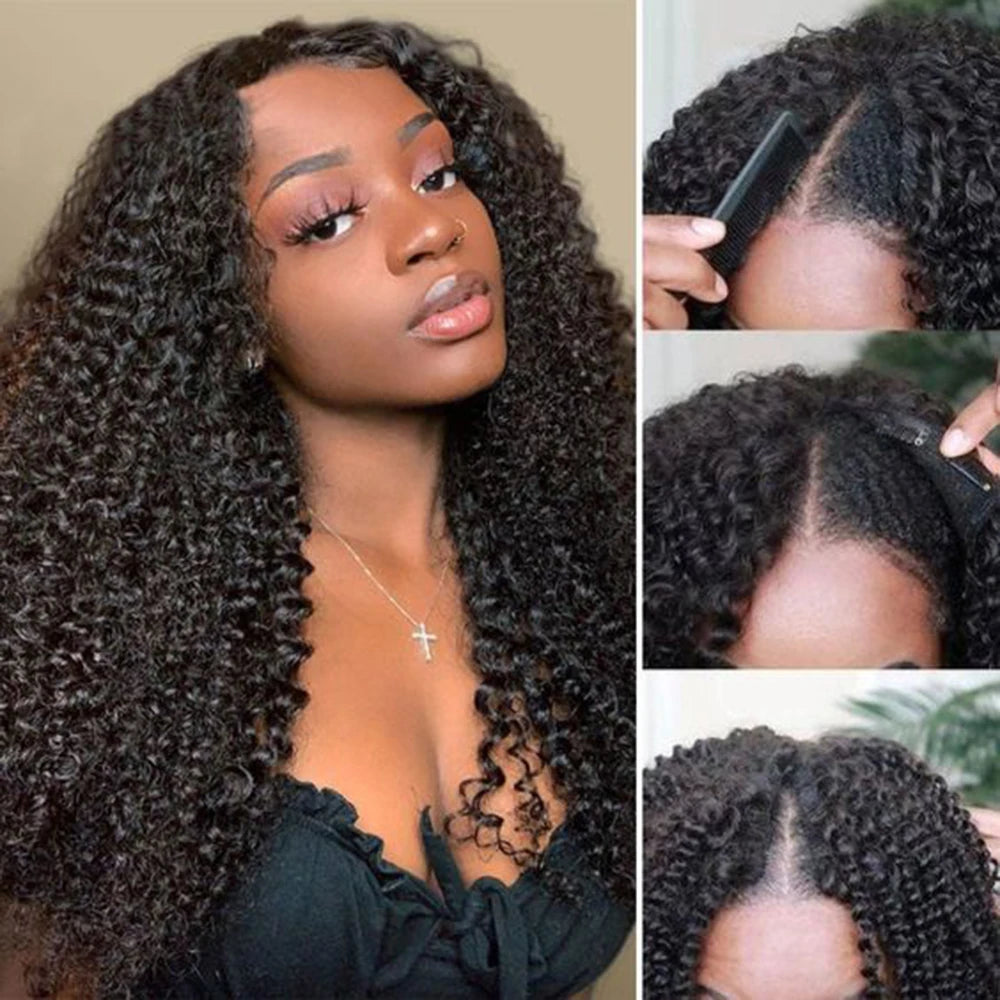 Kinky Curly V Part Wig Human Hair No Leave Out Side Part U Part Wig 250% Brazilian Deep Wave Human Hair Wigs for Women