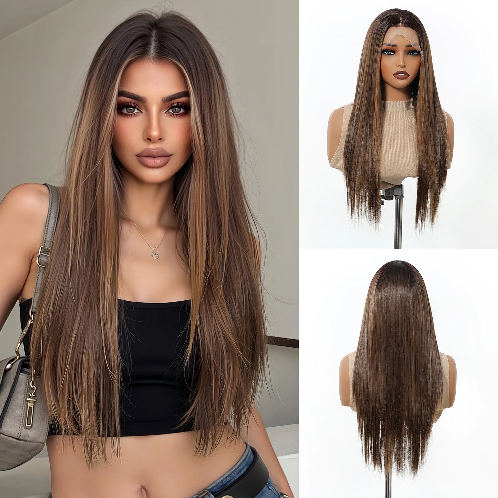 Topshe 30 Inch 13x6 HD Lace Front Wig Realistic Hand-Tied Pre-Plucked Hairline Long Straight Highlight Hair Wigs for Women