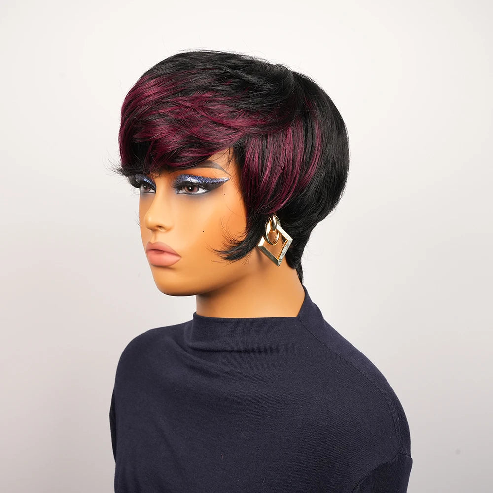 Short Human Hair Wigs 6 In Pixie Cut Wigs Human Hair Glueless Wig Layered Hd Lace Wigs Red Highlights Ready To Wear Burgundy Wig