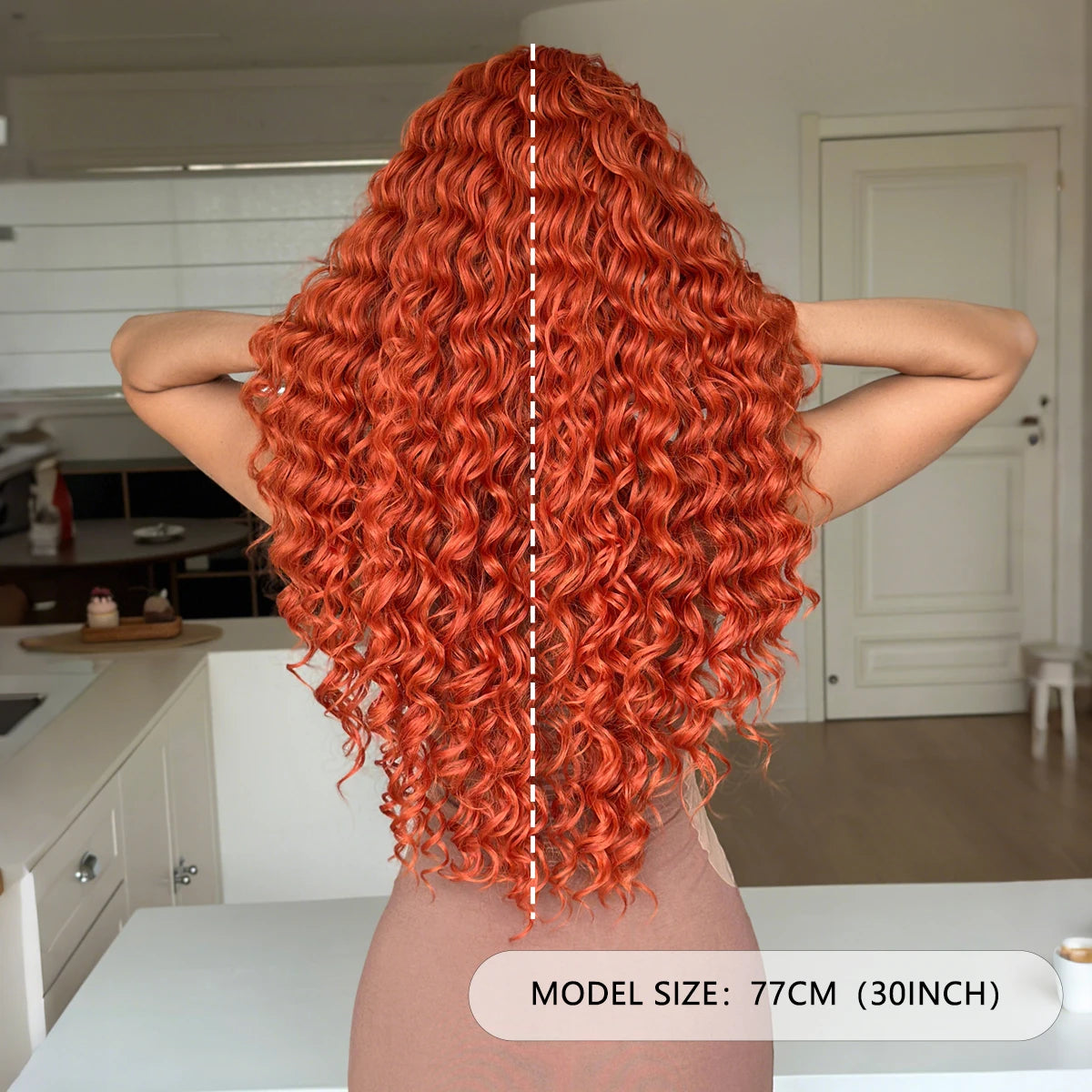 7JHH WIGS Long Loose Curly Wave Orange Wig for Women High Density Synthetic Modest Fashion Ginger Wigs with Air Bangs