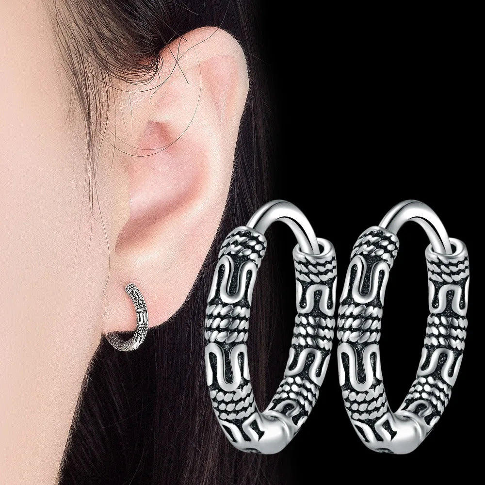 Vintage 925 Sterling Silver Hoop Earrings Pattern Earring For Women Silver Jewelry Korea New