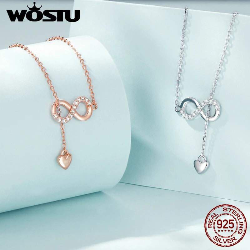WOSTU Authentic 925 Sterling Silver Infinity Love Heart Pendant Necklace For Women Silver Jewelry Lover Romantic Gift CQN223