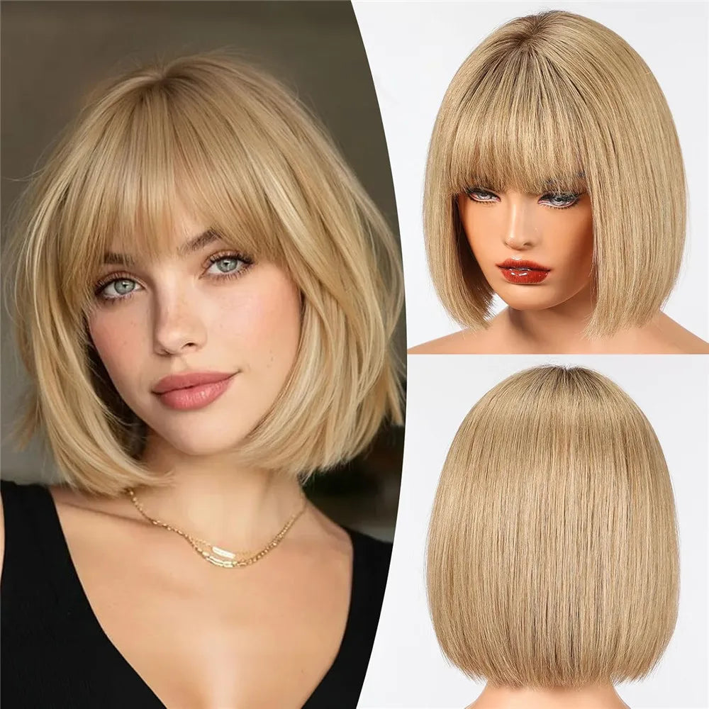 Real Human Hair Wigs for Women Short Blonde Bob Wig 100% Natural Human Hair with Bangs for Daily Party Wear Soft Hair