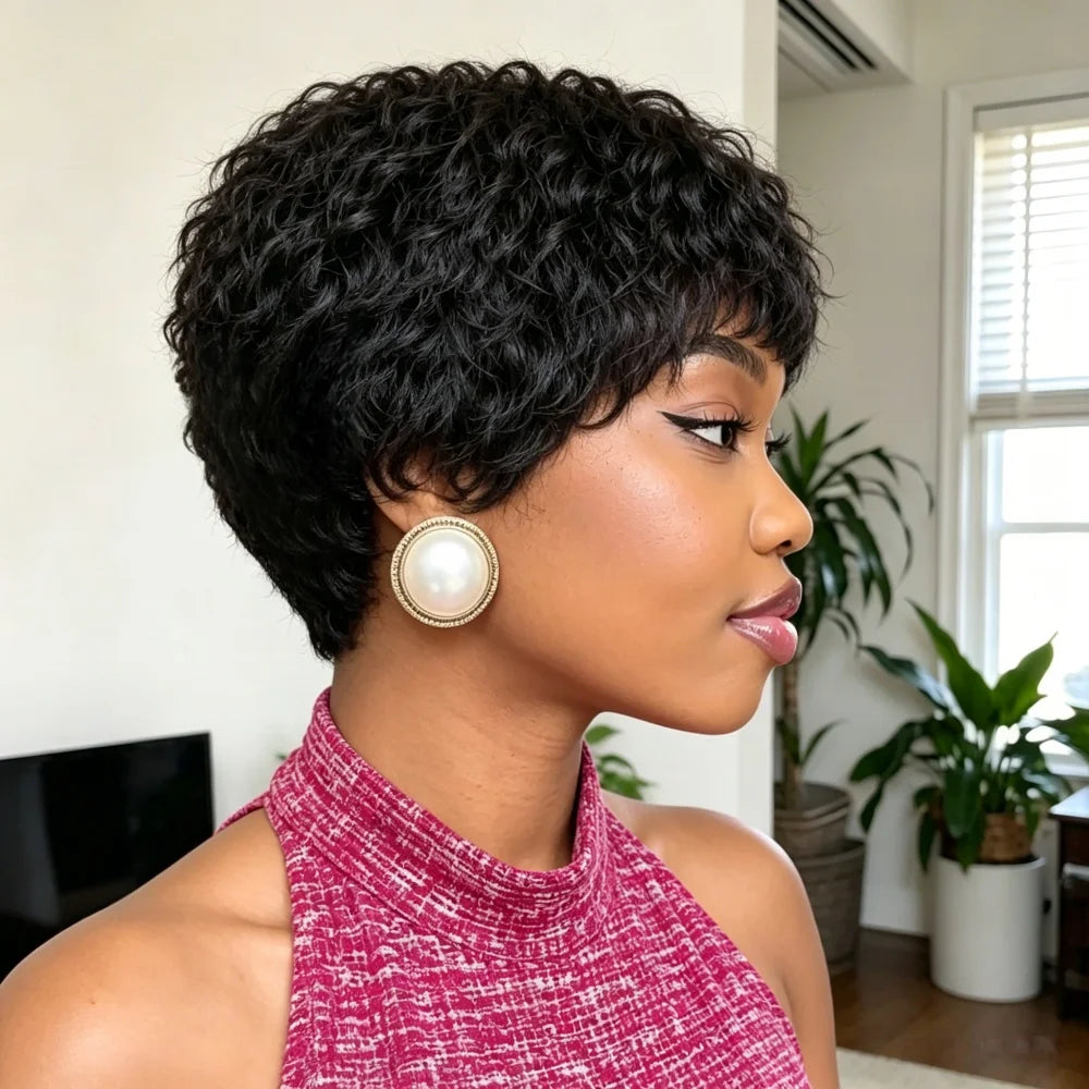 Human Hair Short kinky straight Pixie Cut Wigs for Women, full machine made Natural Black Short Bob Wig with Bangs