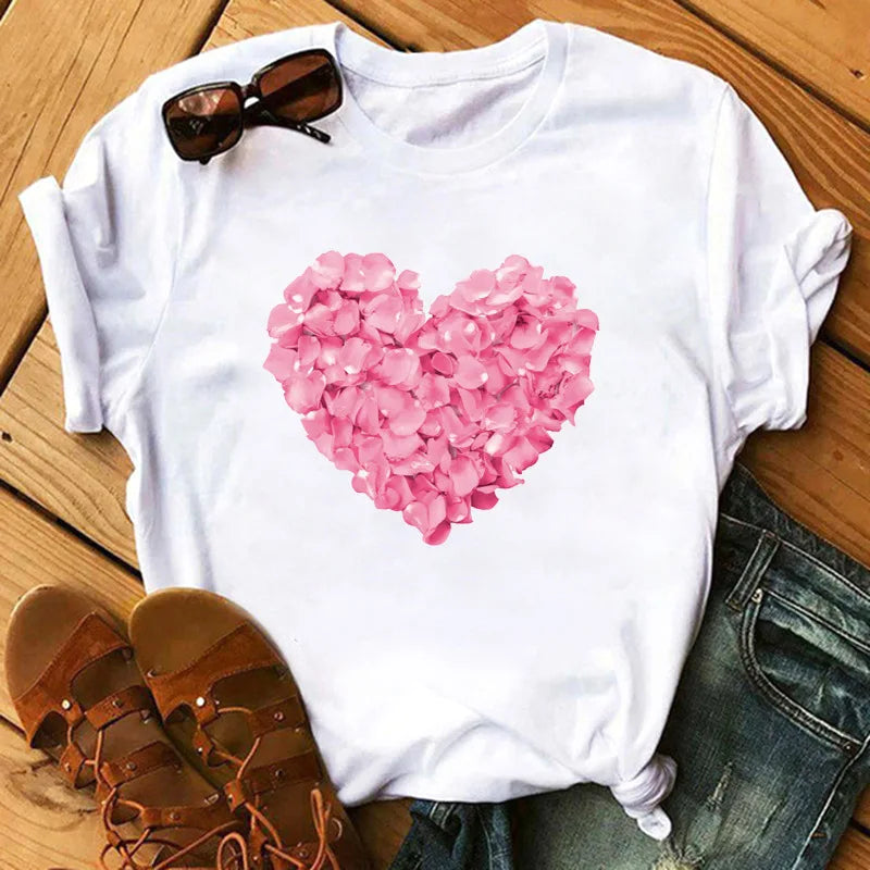 Love Flower Half Sleeve Cartoon White Letter T-shirt Women Wholesale Round Neck T-shirt Women Oversized T Shirt