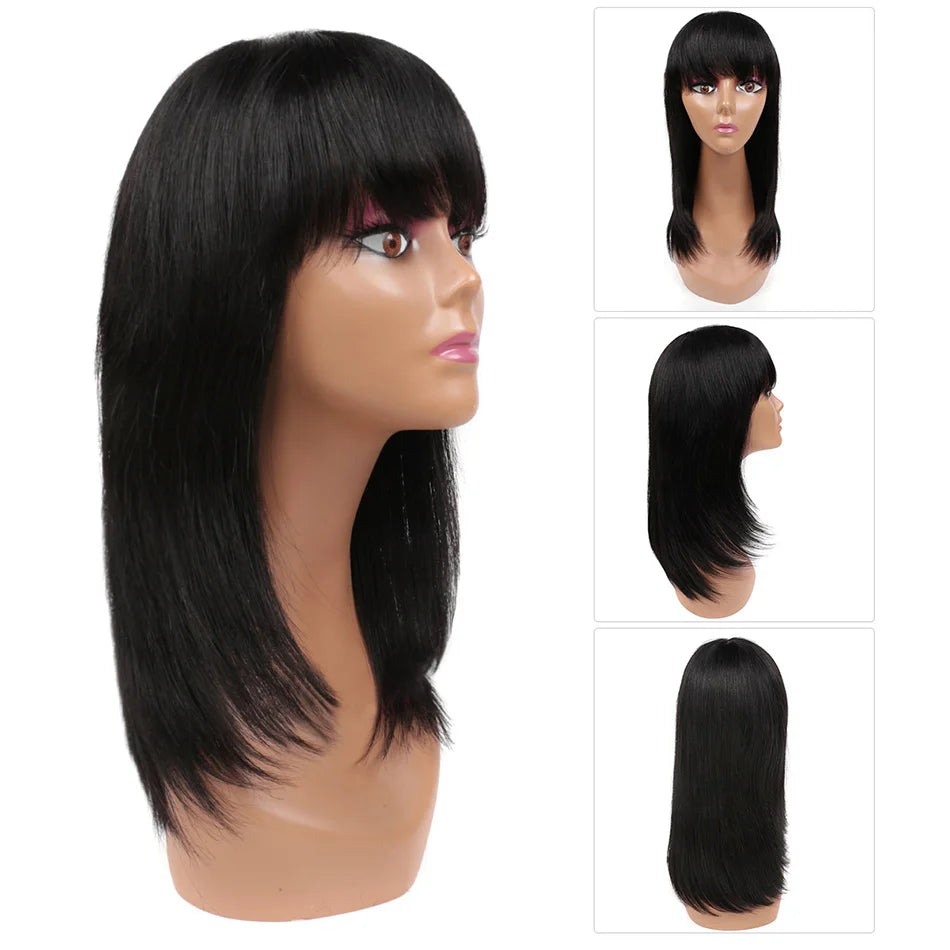 Human Hair Wigs with Bangs BOBO Wig Straight Short Bob Wig Human Hair Natural Color 14inch 150% Density Bob Wig