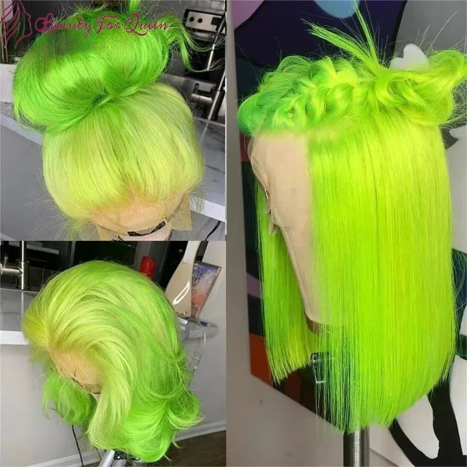 Fluorescent Green Human Hair Short Bob Wig 13X4 Lace Front 180% Density 100% Human Hair Quality HD Glueless Wig Human Hair