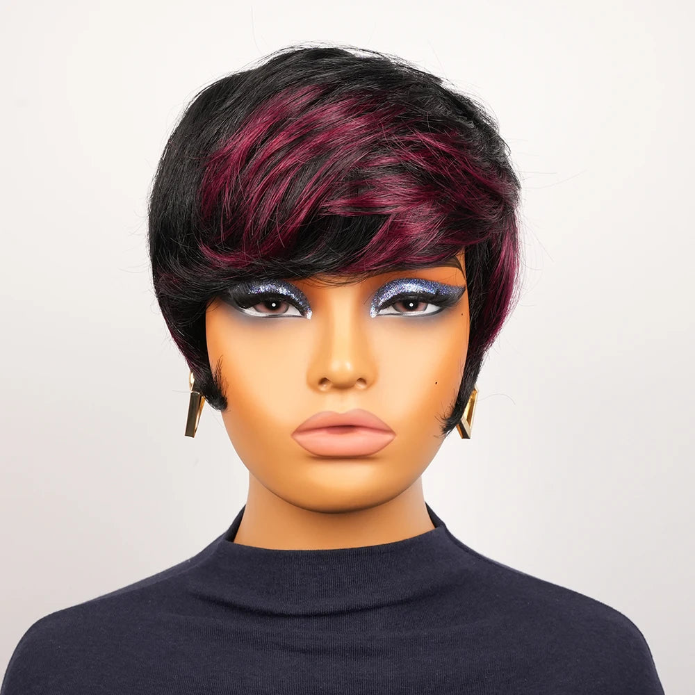 Short Human Hair Wigs 6 In Pixie Cut Wigs Human Hair Glueless Wig Layered Hd Lace Wigs Red Highlights Ready To Wear Burgundy Wig