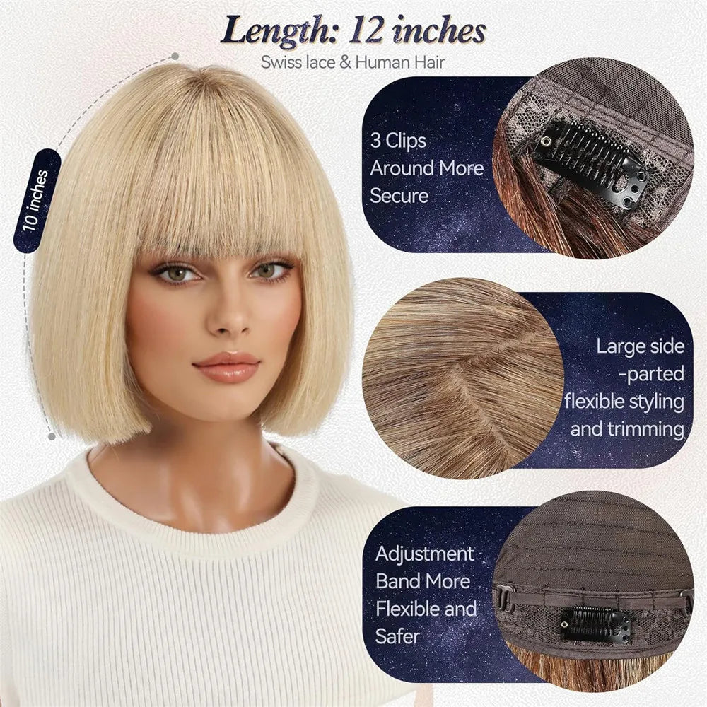 Real Human Hair Wigs for Women Short Blonde Bob Wig 100% Natural Human Hair with Bangs for Daily Party Wear Soft Hair