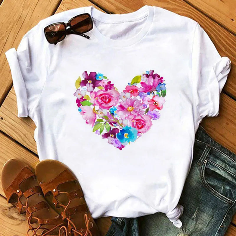 Love Flower Half Sleeve Cartoon White Letter T-shirt Women Wholesale Round Neck T-shirt Women Oversized T Shirt
