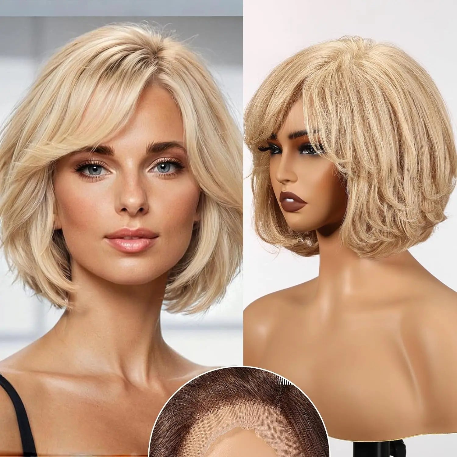 Short Layered Wavy Bob Wig with Bangs for Women Blonde Highlights Human Hair 12 Inches HD Lace Front Wigs With Dark Roots