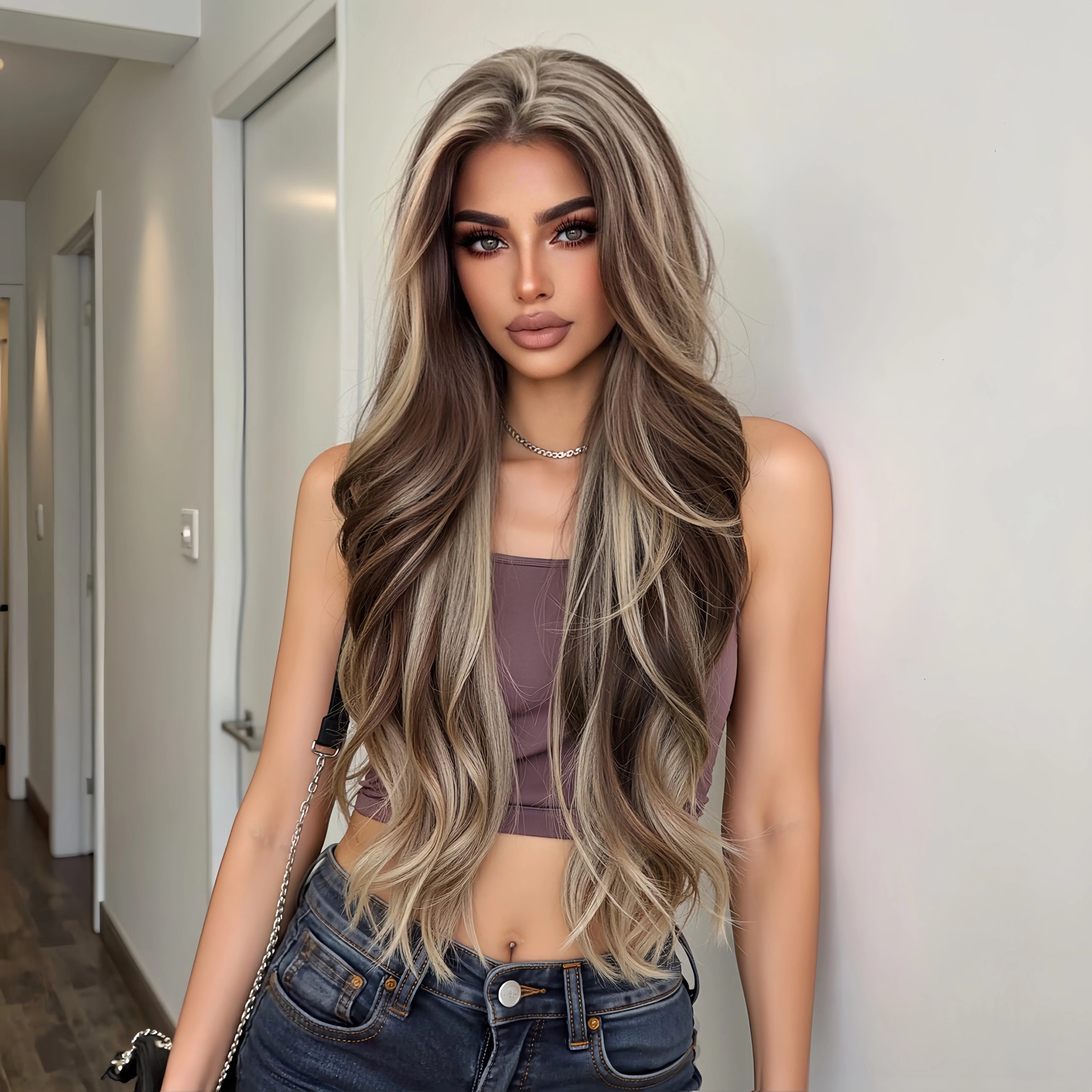 Topshe 30 Inch 13x6 HD Lace Front Wig Realistic Hand-Tied Pre-Plucked Hairline Long Straight Highlight Hair Wigs for Women