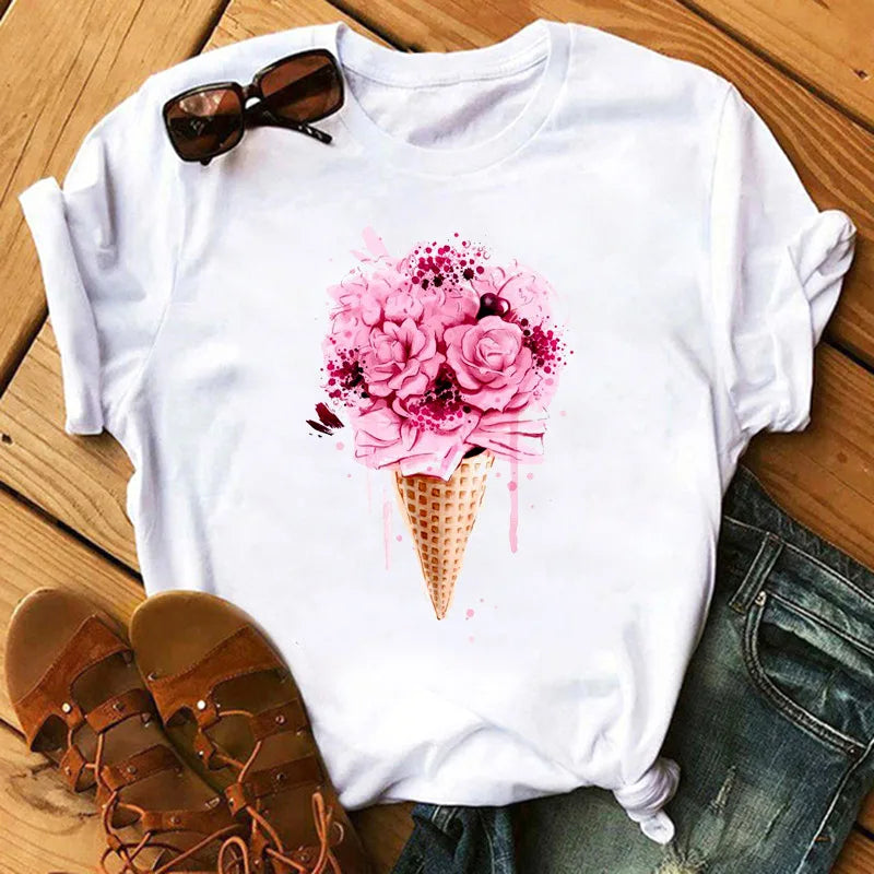 Love Flower Half Sleeve Cartoon White Letter T-shirt Women Wholesale Round Neck T-shirt Women Oversized T Shirt