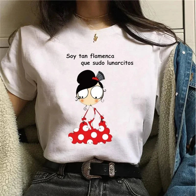 Women T-shirts Harajuku Tops Shirts Short Sleeve High Heel Print Flamengo Dance Tees Cartoon Graphic Female O-neck Shirt Clothes
