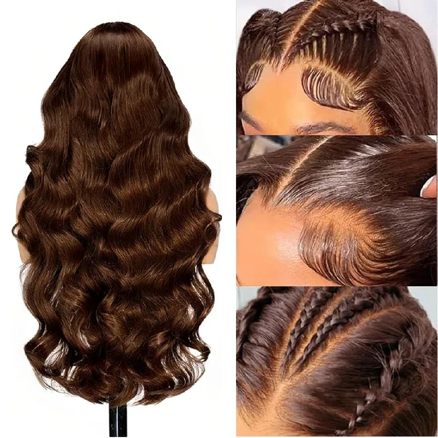 3B 3C Chocolate Brown Body Wave Wigs 200 Density Frontal Human Hair Wigs For Women