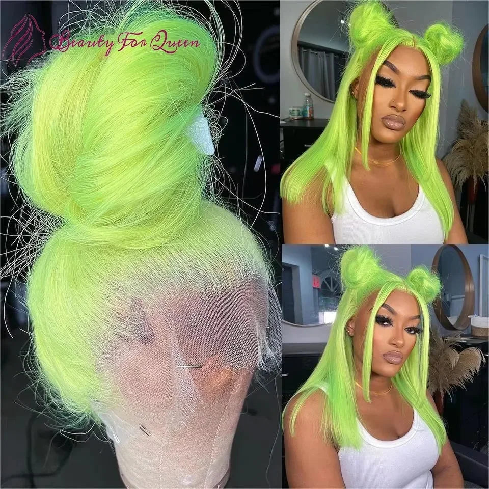Fluorescent Green Human Hair Short Bob Wig 13X4 Lace Front 180% Density 100% Human Hair Quality HD Glueless Wig Human Hair
