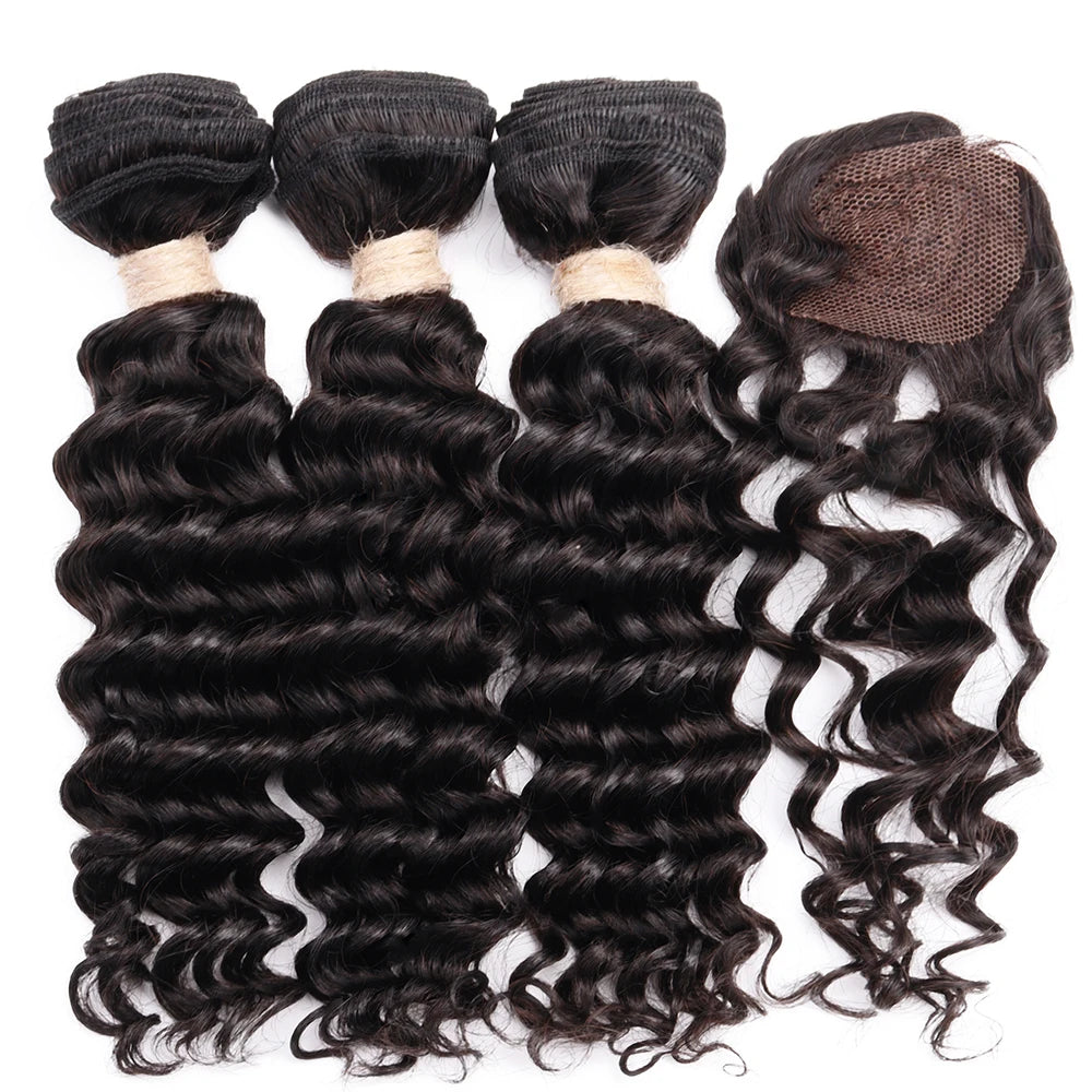 Deep Wave Body Wave Straight Human Hair Bundles With Closure Indian Hair Weave 3 Bundles With Machine Made Closure