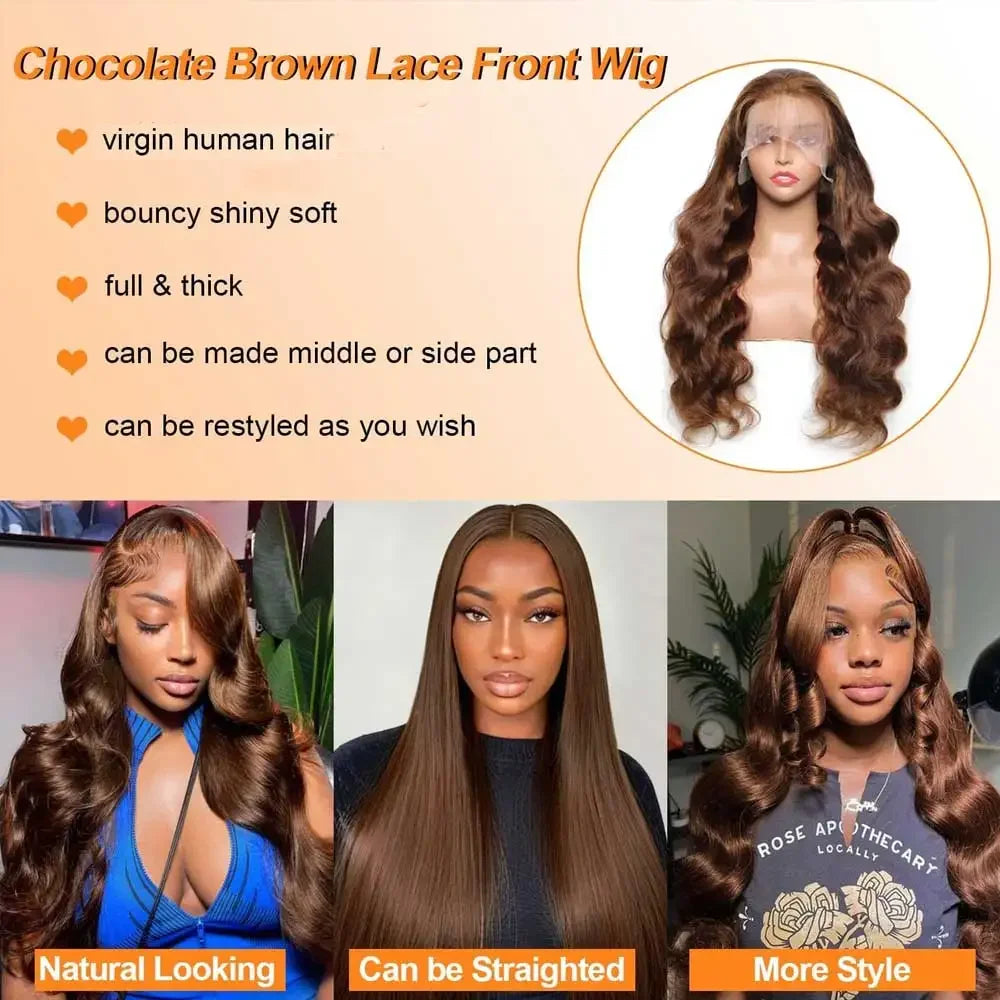30 40 Inch Chocolate Brown Body Wave Human Hair Wigs 13X4 HD Lace Frontal WIgs For Women Colored Wet And Wavy Lace Front Wig
