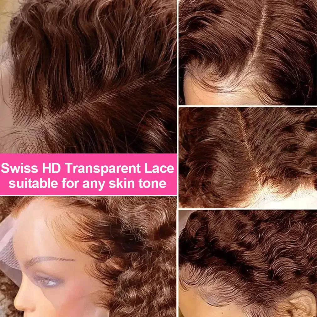 13x4 Chocolate Brown Water Curly Lace Front Wig #4 Colored Human Hair Wigs Pre Plucked Deep Wave 13x6 HD Lace Frontal Wigs 200%