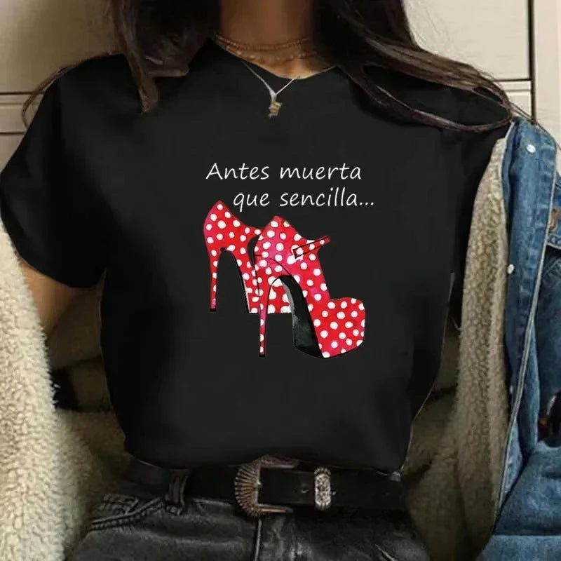Women T-shirts Harajuku Tops Shirts Short Sleeve High Heel Print Flamengo Dance Tees Cartoon Graphic Female O-neck Shirt Clothes