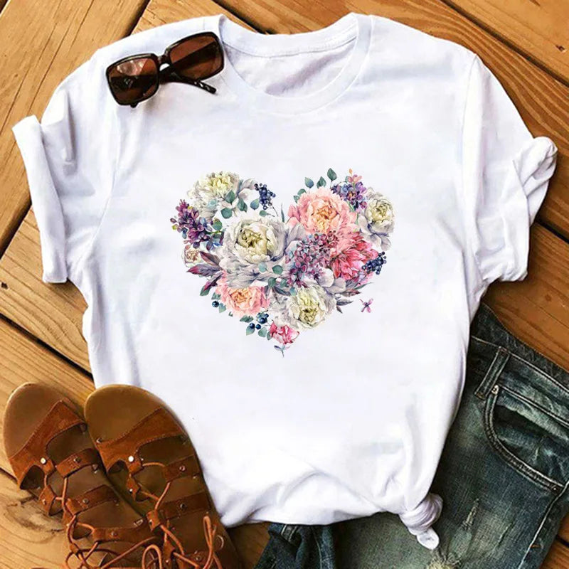 Love Flower Half Sleeve Cartoon White Letter T-shirt Women Wholesale Round Neck T-shirt Women Oversized T Shirt