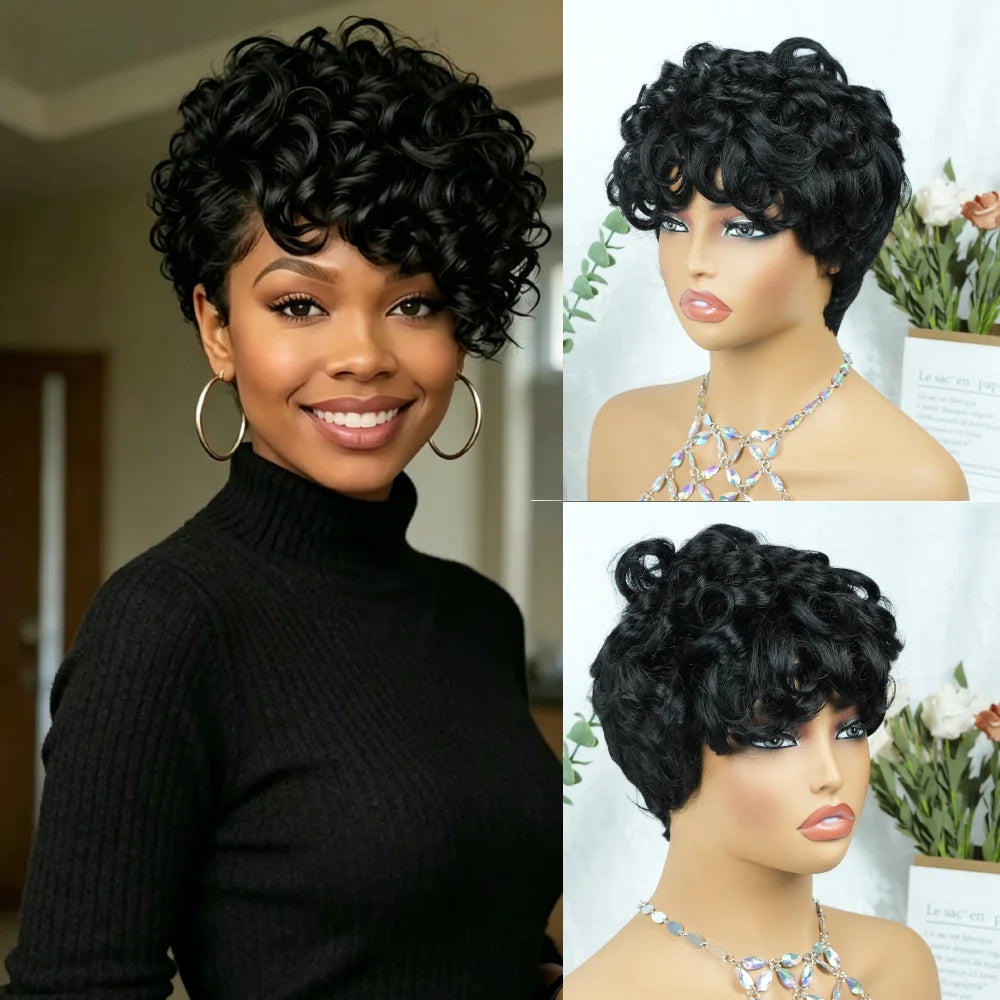 Short Curly Natural Color Pixie Cut Wig Human Hair Layered Short Loose Curly With Bangs Brazilian Hair Full Machine Made Wig