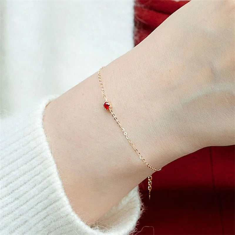 Genuine 100% 925 Sterling Silver Simple Luxurious Geometric Red Zircon Bracelet & Bangles for Women Silver Jewelry