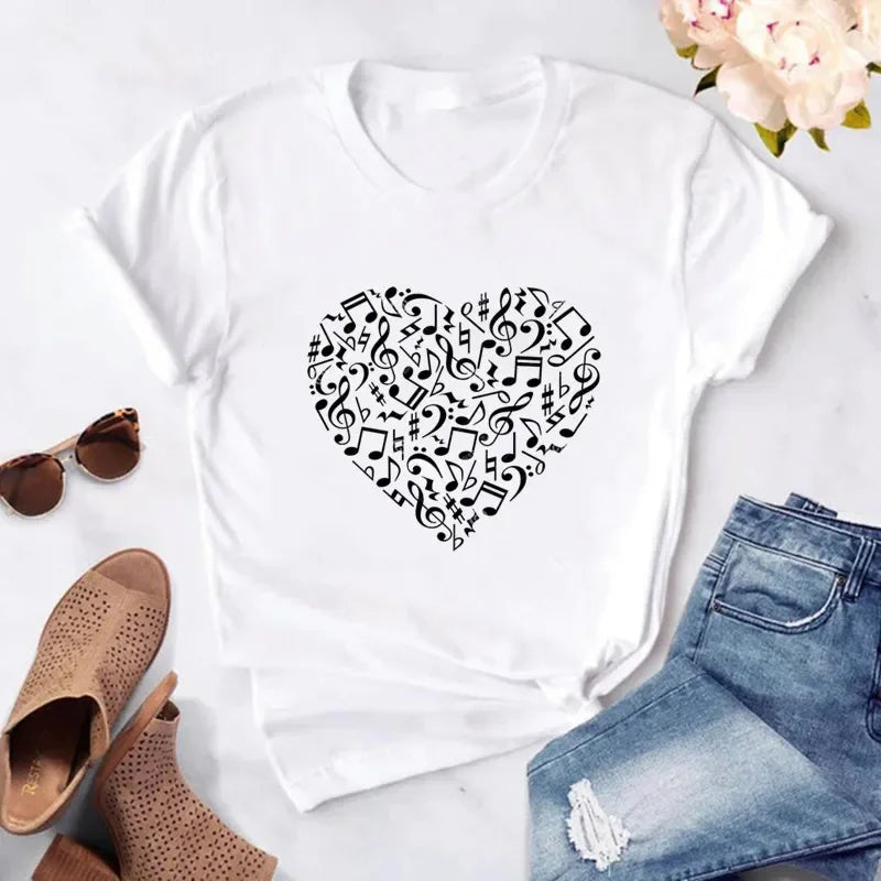 New Women T Shirt Music Note Printed Tshirt Female Summer Casual Short Sleeve O-neck T-shirt Tops Tops for Women Tops