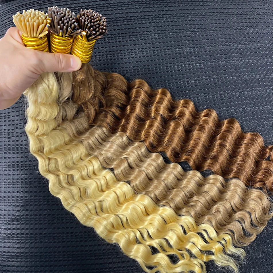 Deep Wave I Tip Hair Extensions 100%Human Hair Extensions Curly I Tip Double Drawn Bundles Microlink  Full Thick Ends Extensions