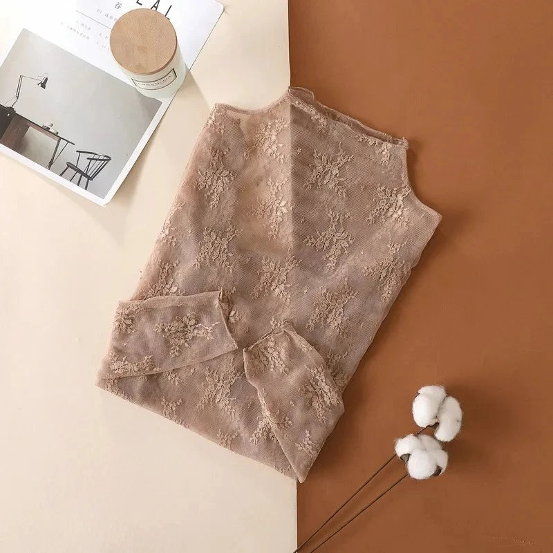 Women T Shirt See Through Transparent Mesh Tops Long Sleeve Slim Ladies Turtleneck High Elasticity T-Shirt Autumn Tees Y2k Top