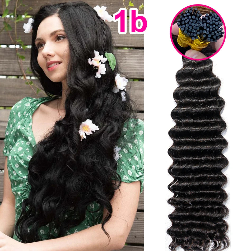 Deep Wave I Tip Hair Extensions 100%Human Hair Extensions Curly I Tip Double Drawn Bundles Microlink  Full Thick Ends Extensions